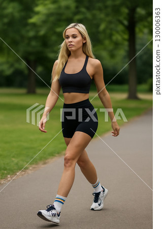 AI generated image of a young athletic woman with blonde hair in sportswear walking in a park. The image conveys energy, fitness, and outdoor lifestyle with a focus on casual athletic wear 130006363