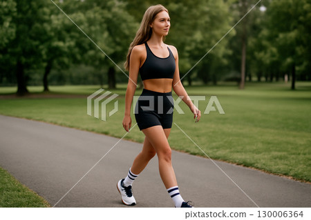 AI generated image of a young athletic woman with blonde hair walking confidently in a park. She wears a black sports bra, high-waisted shorts sneakers, embodying an active lifestyle natural beauty. 130006364