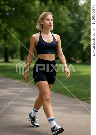 AI generated image of a fit young Caucasian woman in casual athleisure walking in a park. The calm and focused vibe captures strength, confidence vitality. Perfect for fitness and lifestyle themes. 130006373