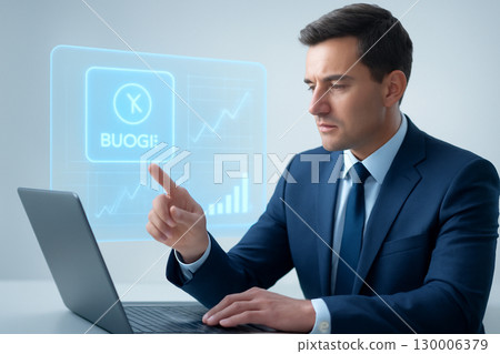 AI generated image of a businessman using a futuristic holographic interface. The image conveys trust, precision, and high-tech investment technology in a modern business environment. 130006379