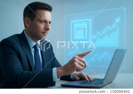 AI generated image of a businessman interacting with a holographic financial display on a laptop showcasing real-time investment analytics and technology in a modern office setting. AI generated image of a businessman interacting with a holographic financial display on a laptop showcasing real-time investment analytics and technology in a modern office setting. 130006402
