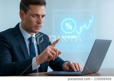 AI generated digital art showcasing a businessman analyzing real-time financial data through a holographic interface. The scene conveys precision, trust, and technology in modern business investment. 130006408