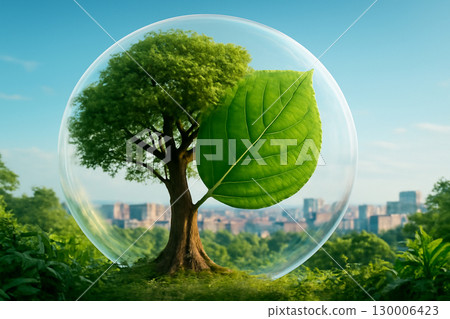 AI generated image of a vibrant tree inside a bubble holding a large green leaf with a blurred cityscape in the background under a bright sky. The composition highlights environmental conservation 130006423