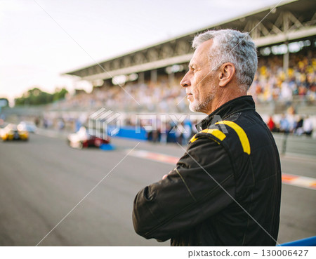 AI generated A determined race car driver stands at the edge of the frame, gesturing toward a high-speed racetrack filled with roaring cars. The dynamic scene captures adrenaline, competition 130006427