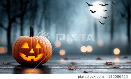 Halloween pumpkin jack o'lantern glowing in dark forest with bats flying under full moon, spooky night atmosphere 130006453