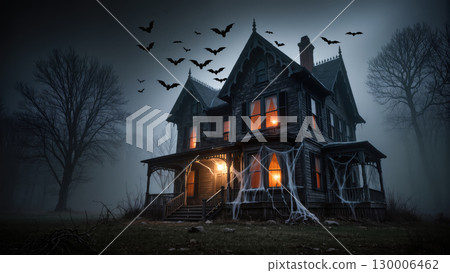Haunted Halloween house with glowing windows, spider webs and flying bats in dark misty forest at night 130006462
