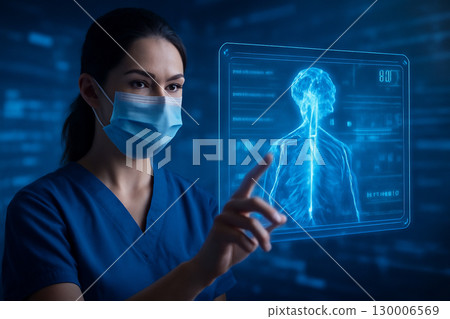 AI generated futuristic healthcare scene with a female medical professional interacting with a holographic display showing detailed neural data. The image reflects advanced technology 130006569