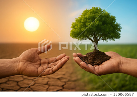 AI generated image showing a powerful contrast between dry earth and a vibrant tree. It symbolizes hope and renewal with a touch of desolation and regeneration, captured under the warm evening sun. 130006597