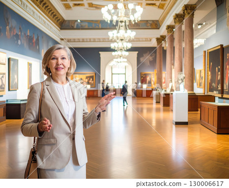 AI generated An elegant curator stands at the frame edge gesturing toward a spacious museum gallery filled with art and artifacts. The sophisticated atmosphere conveys cultural heritage, artistic 130006617