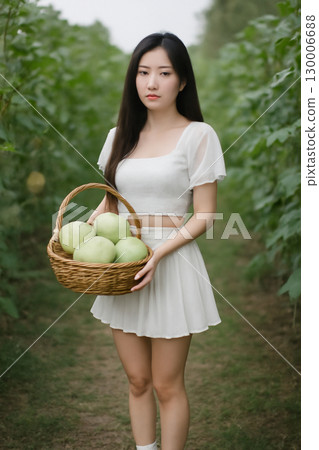 AI generated image of a young woman holding a basket of honeydew melons in a garden at dawn. The peaceful, serene atmosphere and soft light highlight her grace and the natural beauty around her. 130006688