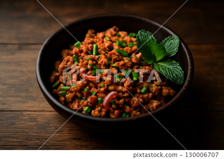 AI generated close-up of Thai spicy meat salad Larb served in a dark earthenware bowl on wooden table. Rich textures, fresh herbs bold colors capture the heat and freshness of this traditional dish. 130006707