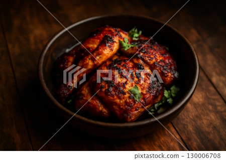 AI generated close-up of grilled Thai chicken Gai Yang served in a rustic bowl. Capturing the crispy texture and vibrant colors of the grilled chicken, evoking warmth, flavor, and tradition. 130006708