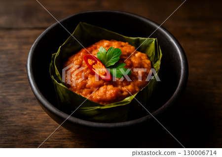 AI generated image of a traditional Thai hor mok served in a rustic bowl with vibrant colors, moody lighting, and soft shadows. A perfect showcase of authentic Thai cuisine with rich textures 130006714