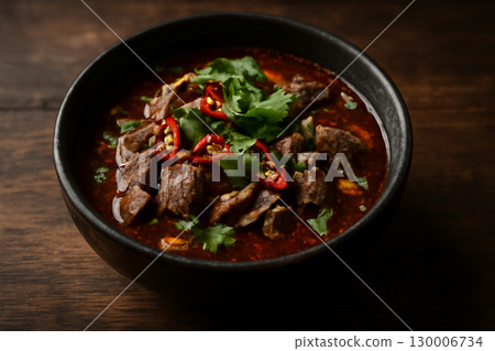 AI generated A vibrant and spicy bowl of Thai Tom Saep offal soup in a rustic setting, showcasing bold colors and rich textures. A cozy, moody food photography style perfect for food lovers. 130006734