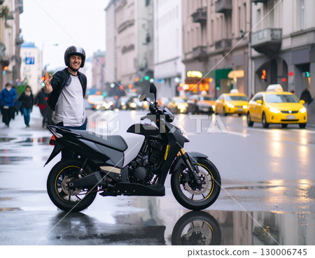 AI generated A friendly motorcycle taxi driver stands at the frame edge gesturing toward his parked bike, ready for passenger service. The urban street scene conveys convenience 130006745