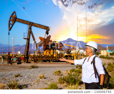 AI generated A seasoned petroleum explorer stands at the frame edge gesturing toward an active oil drilling rig. The industrial backdrop showcases energy production, fossil fuel extraction AI generated A seasoned petroleum explorer stands at the frame edge gesturing toward an active oil drilling rig. The industrial backdrop showcases energy production, fossil fuel extraction 130006748