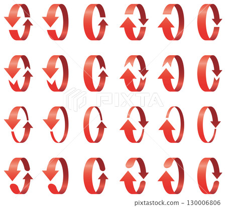 A vector illustration icon set of three-dimensional, 3D rotating arrows of various shapes 130006806