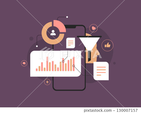 Sales funnel with social media analytics and conversion data on mobile screen. Customer journey, lead generation and social media engagement metrics for digital marketing vector illustration 130007157