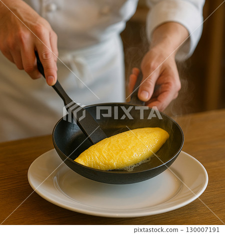 廚師烹飪蓬鬆的煎蛋捲 130007191