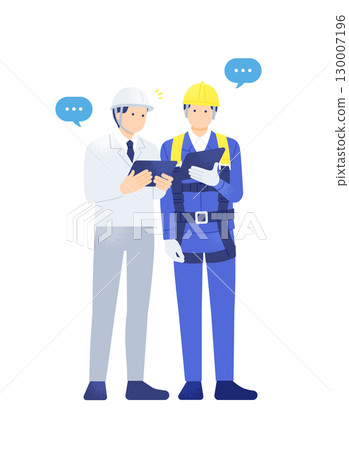 現場主管和工人之間的數位施工會議 在平板電腦上檢查全線束 130007196