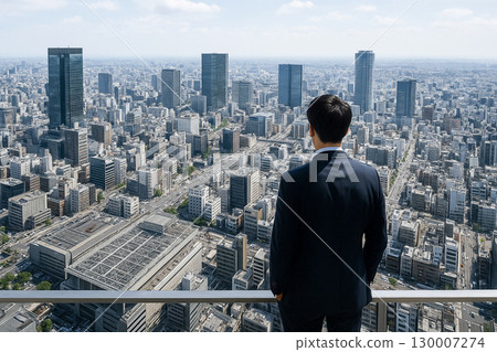 Back view of a man in a suit looking out over the cityscape of a regional city from the rooftop of a high-rise building 130007274