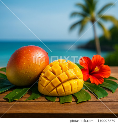 熱帶海灘上的成熟芒果和芙蓉 130007279