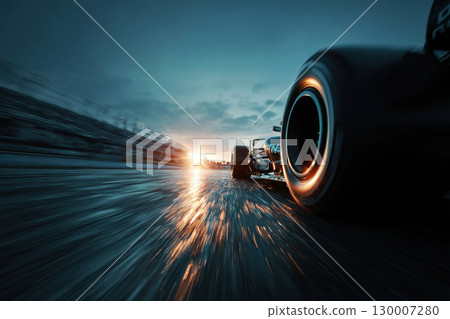 Close-up of racing car wheel on wet track 130007280