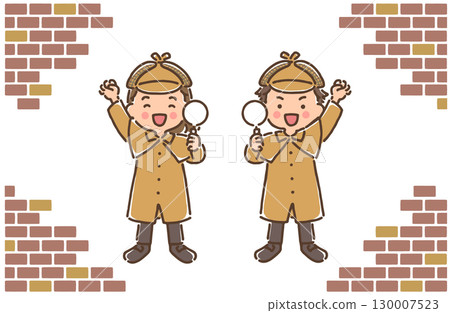 一個男孩和一個女孩打扮成偵探,拿著放大鏡說“耶!” 一個男孩和一個女孩打扮成偵探,拿著放大鏡說“耶!” 130007523