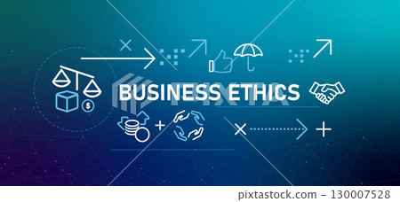 Business ethics banner illustration graphic icons representing moral and ethical standards in a corporate company partnership fair and responsible practices moral values to conduct cooperation 130007528