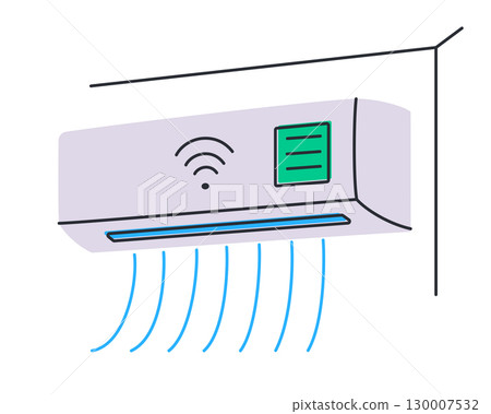 Flat cartoon vector illustration of air conditioner with wifi control, smart home system. Modern cooling device for temperature comfort, home automation, energy saving, technology and lifestyle 130007532