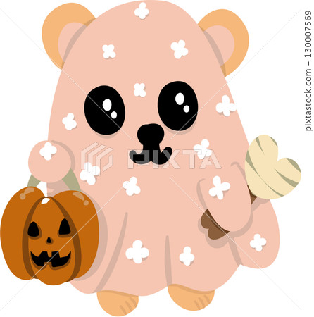 Cartoon of a little ghost hamster under a pink cloth 130007569