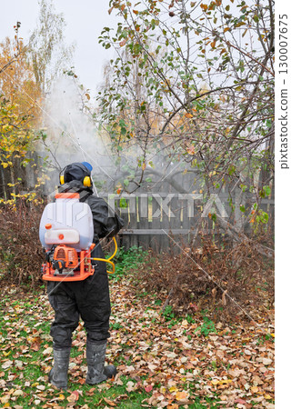 man in mask and overalls sprays garden with against pests in autumn. 130007675
