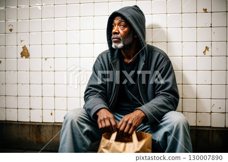 Man in a Hoodie Sits Against a Tiled Wall Holding a Bag While Waiting in a Subway Station 130007890