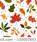 Fall leaves vector pattern. Autumn leaf seamless background. Flat and doodle seasonal elements. Colorful hand drawn botanical pattern. Yellow, green and red colors on white 130007892