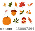 Fall elements vector set. Autumn leaves, fall clipart, flat doodle illustrations. Leaf objects, pumpkin and acorn, mushrooms and berries. Hand drawn botanical collection 130007894