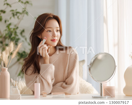 一位日本女性在早晨的自然陽光下準備護膚的自然面容（護膚、保健、美容） 130007917