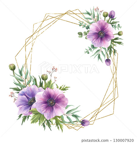 Watercolor purple Anemones flowers with pink buds and eucalyptus green branch gold polygon frame. Tender greenery save the date card template for wedding, mothers day. Isolated hand drawn illustration 130007920
