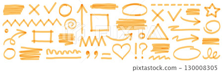 Highlight marker pen set. Hand drawn yellow color highlight with underline, heart, and pen sketch arrow element. Scribble circle shape, check mark sign and dry paintbrush texture. Vector Highlight marker pen set. Hand drawn yellow color highlight with underline, heart, and pen sketch arrow element. Scribble circle shape, check mark sign and dry paintbrush texture. Vector 130008305