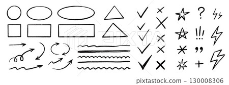 Chalk check mark arrow collection. Blackboard doodle style symbols, sketchy pencil quotes, checkboxes and hand drawn crayon underline. Pencil chalk stroke texture highlight, arrow. Vector Chalk check mark arrow collection. Blackboard doodle style symbols, sketchy pencil quotes, checkboxes and hand drawn crayon underline. Pencil chalk stroke texture highlight, arrow. Vector 130008306