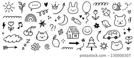 Kid icon hand drawn set. Cute flower, heart, cloud and tree icon with playful kid sketch style. Summer hand drawn pattern cartoon bird, doll, house and sweet plant element. Vector Kid icon hand drawn set. Cute flower, heart, cloud and tree icon with playful kid sketch style. Summer hand drawn pattern cartoon bird, doll, house and sweet plant element. Vector 130008307