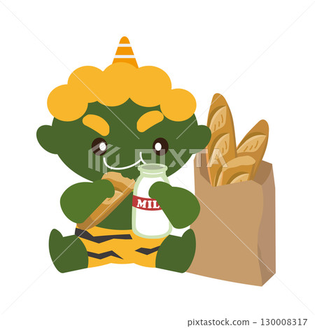 Illustration of a green demon eating French bread and milk Illustration of a green demon eating French bread and milk 130008317