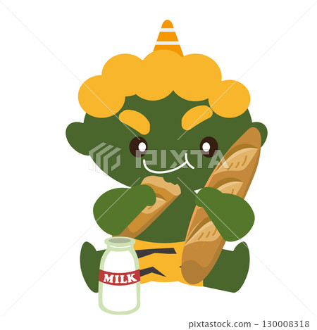 Illustration of a green demon eating while holding a baguette Illustration of a green demon eating while holding a baguette 130008318