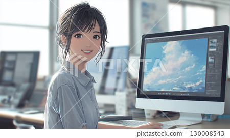 動漫風格的女孩正在使用電腦 130008543