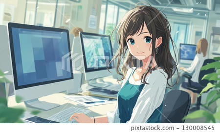 動漫風格的女孩正在使用電腦 130008545