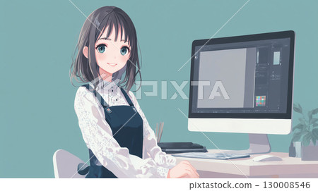 動漫風格的女孩正在使用電腦 130008546