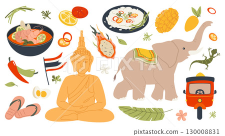 Thai culture elements set. Collection of different street food, lemon, orange, dragon fruit, peppers, national flag, shoes, Buddha statue, elephant, mango, lizard, flowers, leaf. Vector illustration. Thai culture elements set. Collection of different street food, lemon, orange, dragon fruit, peppers, national flag, shoes, Buddha statue, elephant, mango, lizard, flowers, leaf. Vector illustration. 130008831