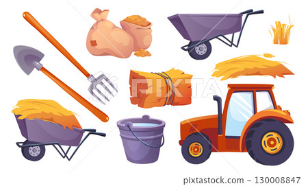 Farm barn tools and elements set. Collection of shovel, pitchfork, bags with hay, wheelbarrow, sheaf, stack, water bucket, tractor machinery, wheat crop, countryside equipment. Vector illustration. 130008847