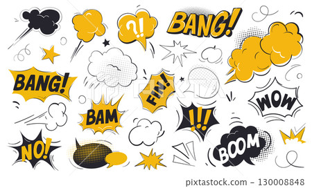 Comic speech bubbles elements set. Collection of communication clouds with bang, bam, wow, boom and empty spaces, pop art shouting balloons with explosion and burst shapes. Vector illustration. 130008848