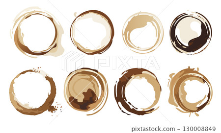 Coffee ring stains elements set. Collection of messy brown circle blots of cup bottoms, cappuccino or espresso beverage spots with splashing wet textured, spilling mug stamps. Vector illustration. Coffee ring stains elements set. Collection of messy brown circle blots of cup bottoms, cappuccino or espresso beverage spots with splashing wet textured, spilling mug stamps. Vector illustration. 130008849