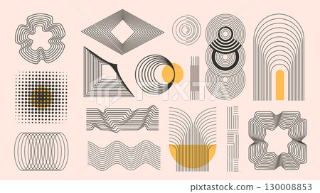 Aesthetic vintage geometric shape mid century elements set. Collection of monochrome stripes and dots circles, cylinders, rhombuses, squares, arches, flowers, other lines shapes. Vector illustration. Aesthetic vintage geometric shape mid century elements set. Collection of monochrome stripes and dots circles, cylinders, rhombuses, squares, arches, flowers, other lines shapes. Vector illustration. 130008853